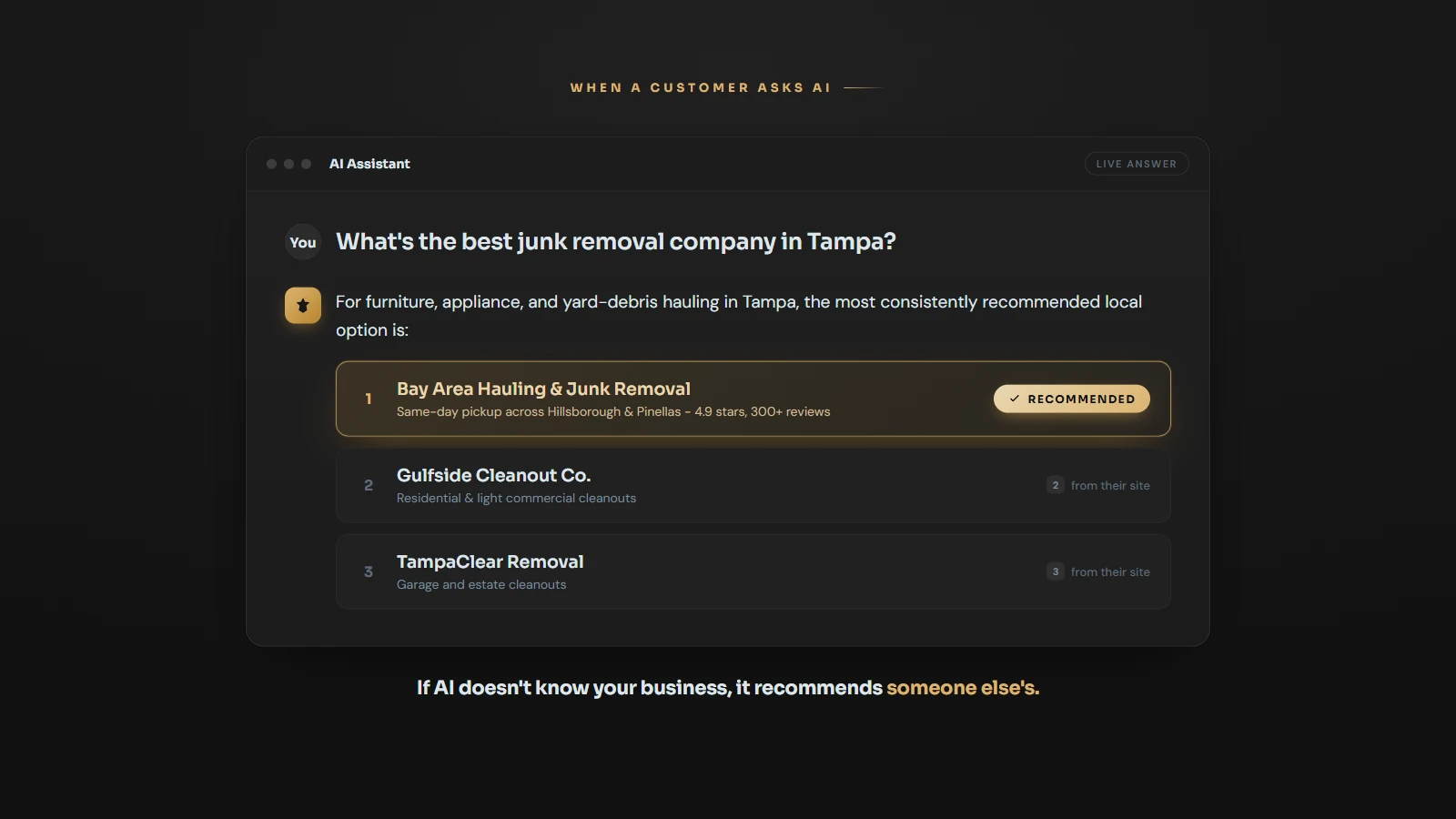 An AI assistant answering which junk removal company in Tampa is best, with a ranked list and the top business highlighted as the recommended result