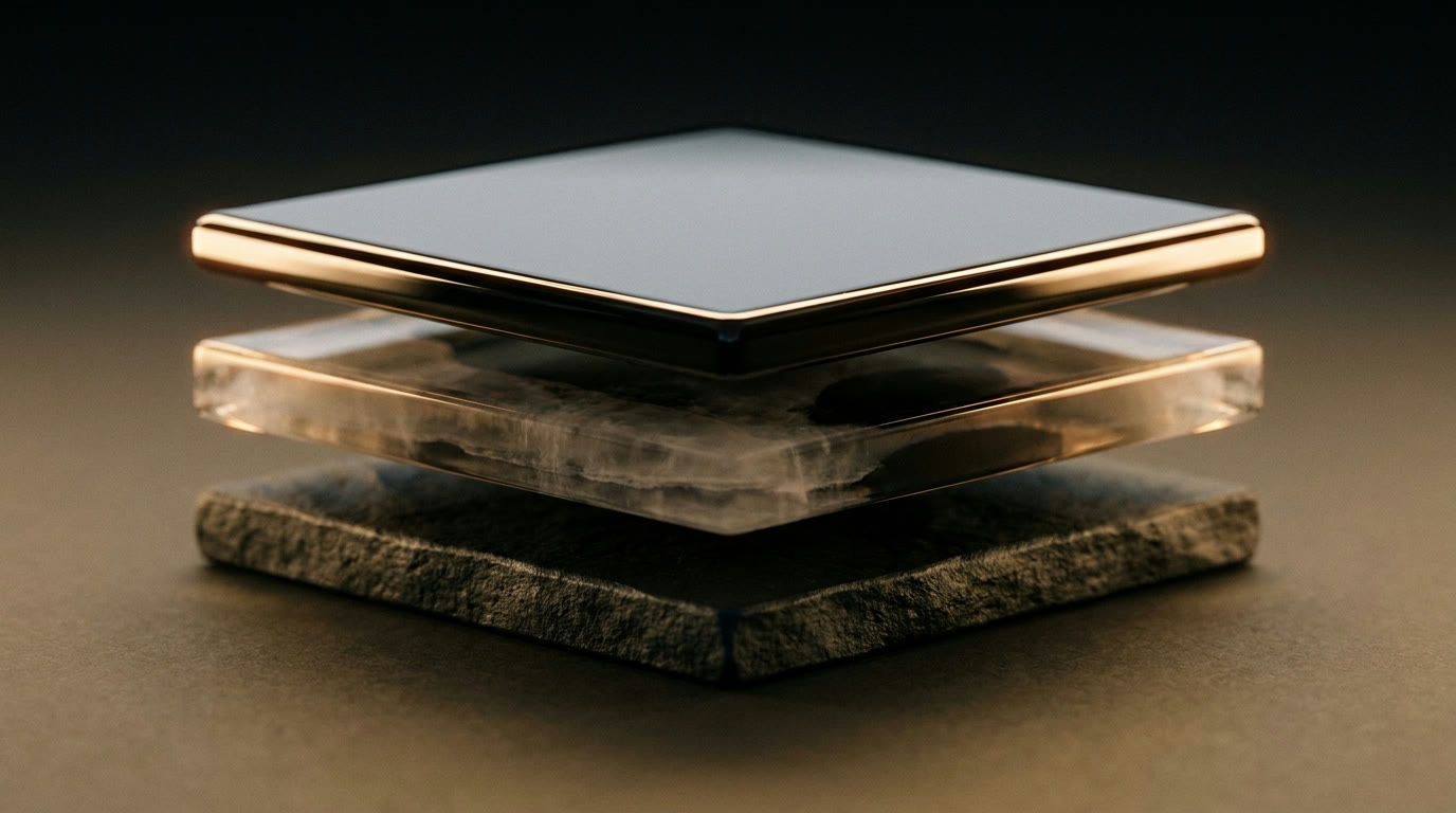 Three stacked plates representing Surface, Structure, and Foundation - the depth thesis behind every Abixon Digital site