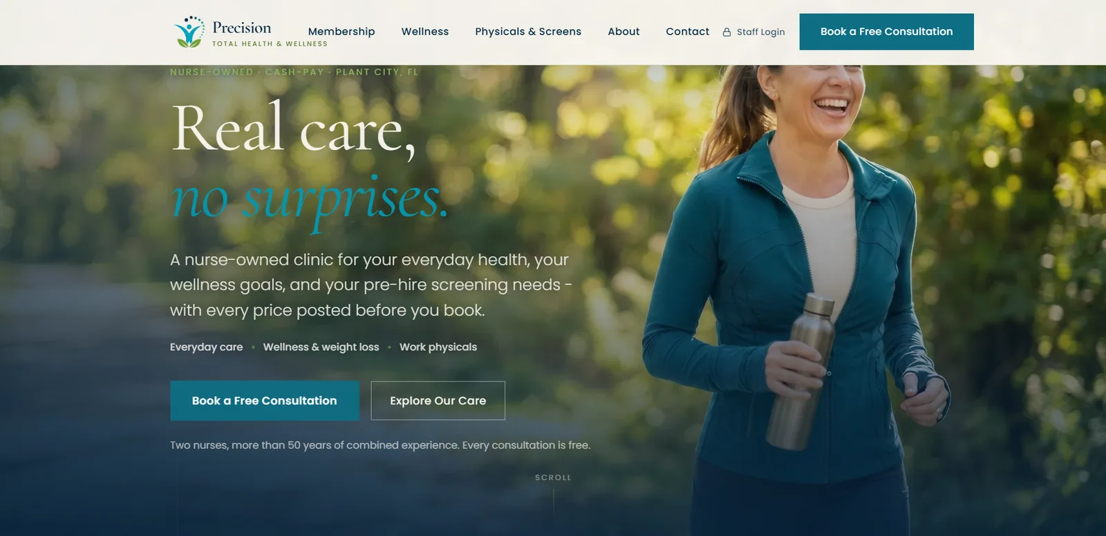 Precision Total Health and Wellness website screenshot showing the nurse-owned Plant City clinic brand in deep teal over a photo of a smiling woman walking outdoors, with the Real care, no surprises headline, the three care lines, a Book a Free Consultation button, and a Staff Login link