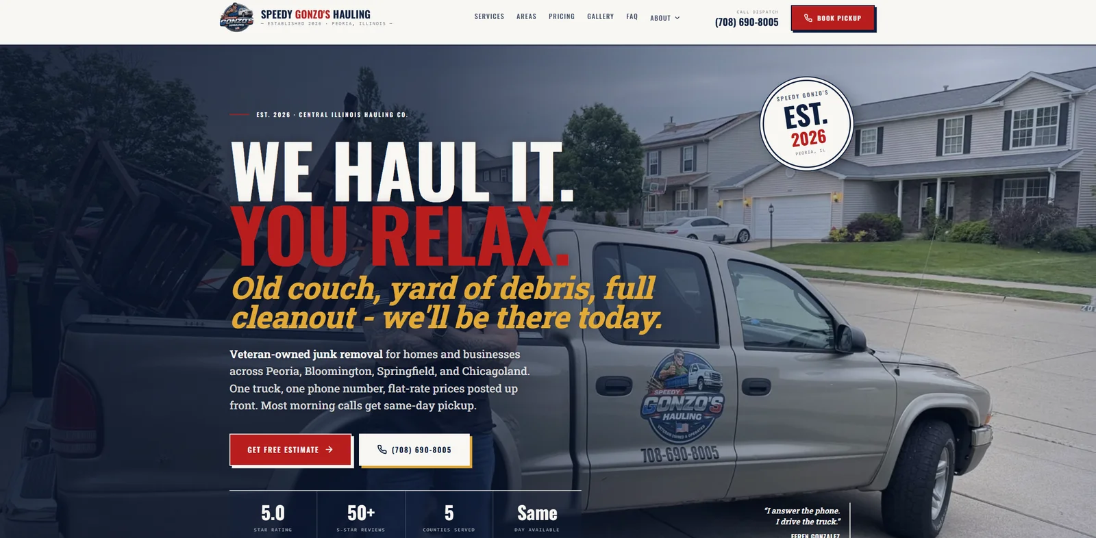 Speedy Gonzo's Hauling website screenshot showing the bold red and navy hero with veteran-owned junk-removal branding and quote form