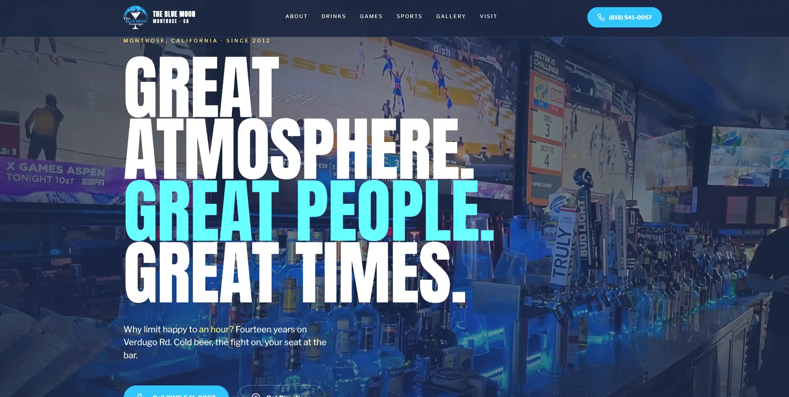 The Blue Moon Lounge website screenshot showing the moody blue neighborhood bar brand with UFC and NFL Sunday Ticket schedule, pool, and shuffleboard amenities