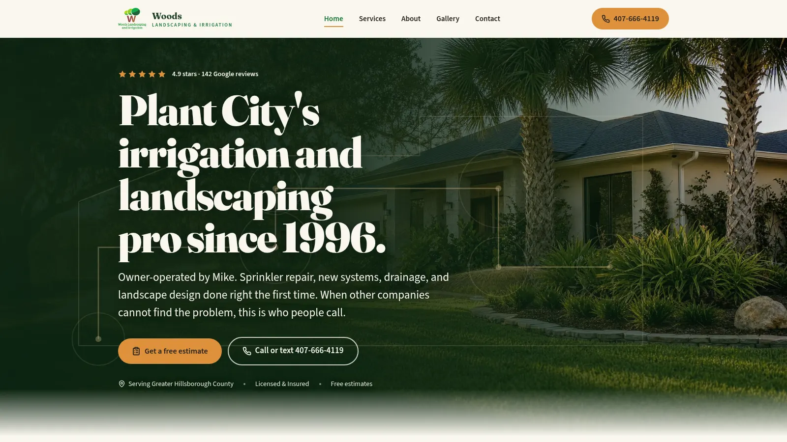 Woods Landscaping and Irrigation website screenshot showing the warm forest-green and amber brand over a photo of a Florida home and lawn, with the Plant City irrigation and landscaping pro since 1996 headline, a 4.9-star review rating, and free-estimate and call-or-text buttons
